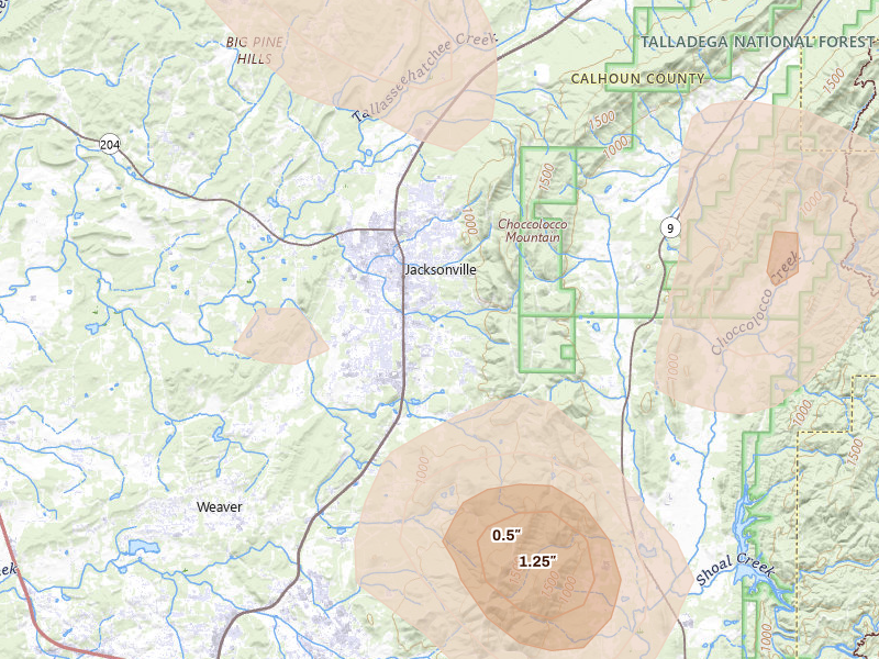 Radar-estimated hail-size map of the storm over Jacksonville, AL on Jul 2, 2026