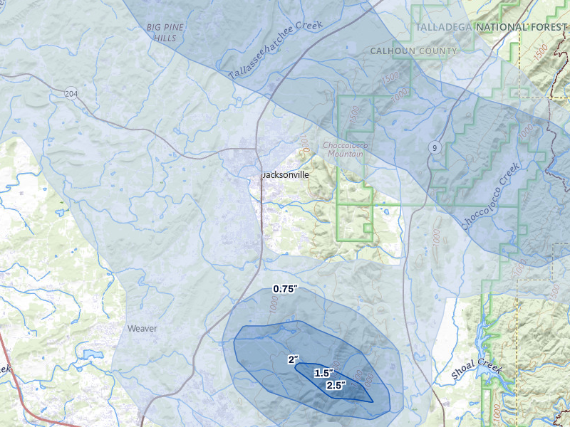 NEXRAD radar-signature map of the hail over Jacksonville, AL