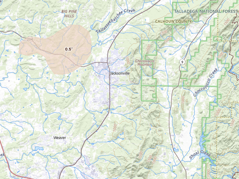 Radar-estimated hail-size map of the storm over Jacksonville, AL on Jul 5, 2026