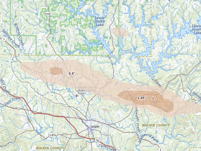 Radar-estimated hail-size map of the storm over Jasper, AL on Feb 26, 2026
