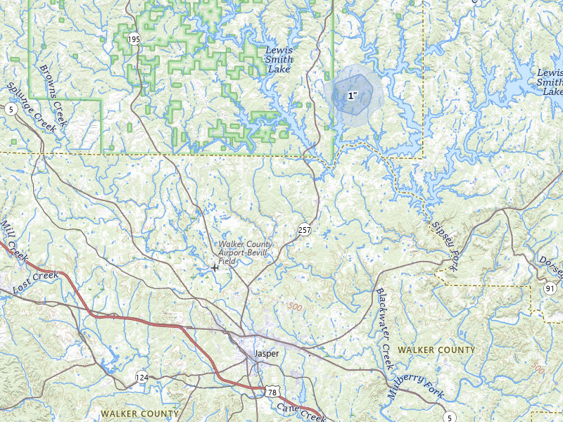 NEXRAD radar-signature map of the hail over Jasper, AL
