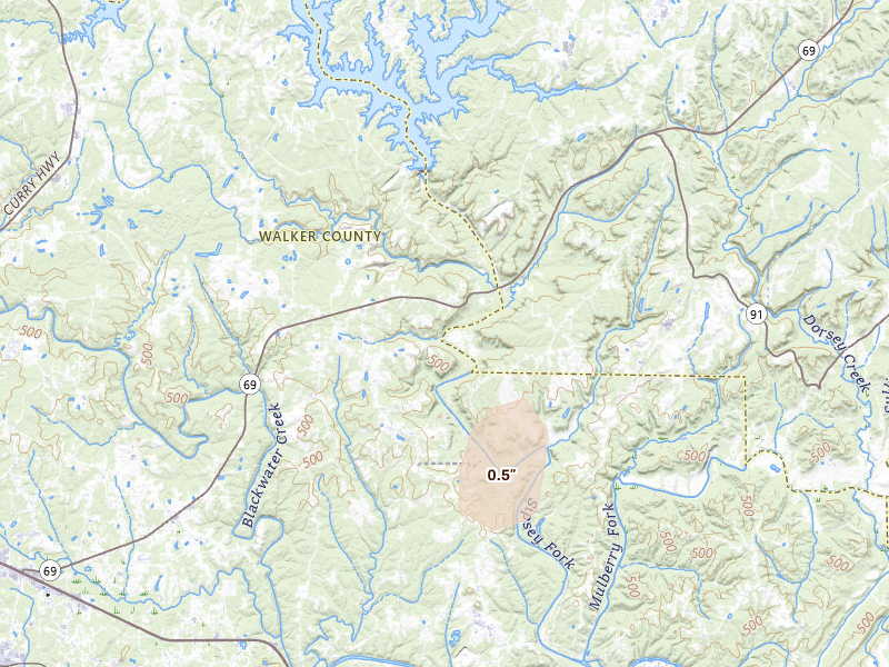 Radar-estimated hail-size map of the storm over Jasper, AL on May 23, 2026