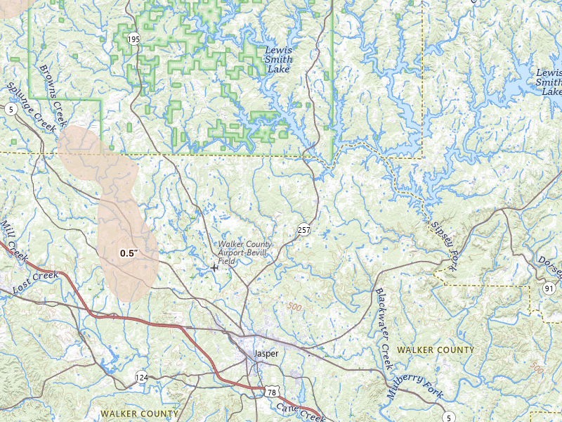 Radar-estimated hail-size map of the storm over Jasper, AL on May 31, 2026