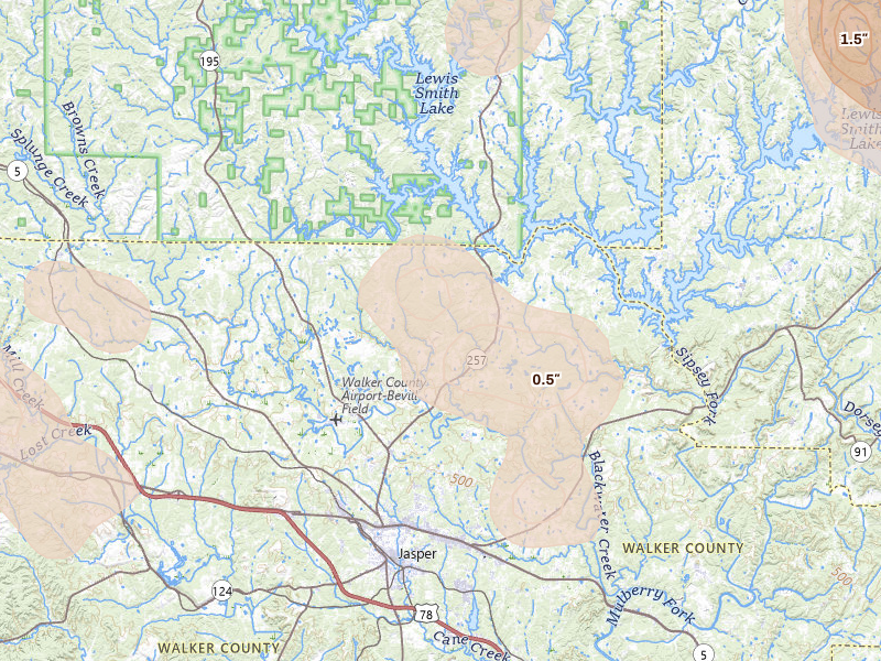 Radar-estimated hail-size map of the storm over Jasper, AL on Jun 1, 2026