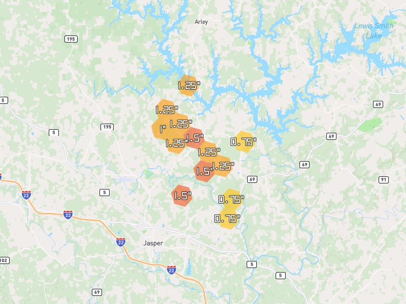 Hail map of Jasper, AL on Jun 1, 2026, hail up to 1.5"