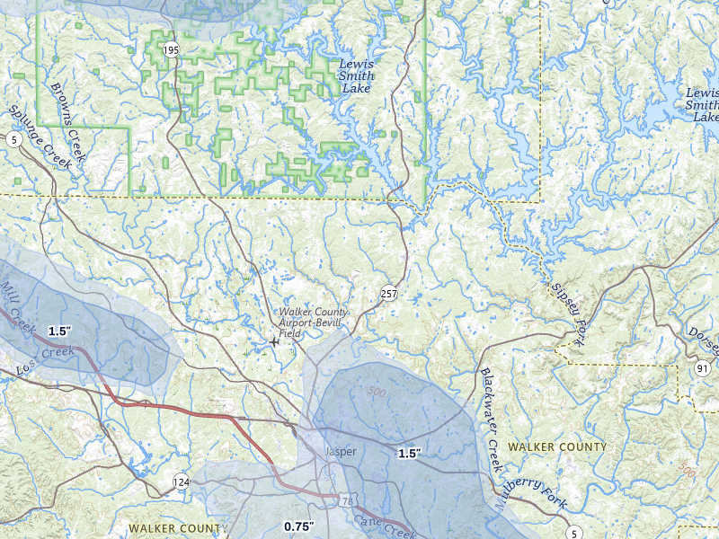 NEXRAD radar-signature map of the hail storm over Jasper, AL on Jul 1, 2026