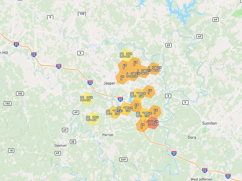 Hail map of Jasper, AL on Jul 1, 2026, hail up to 1.5"