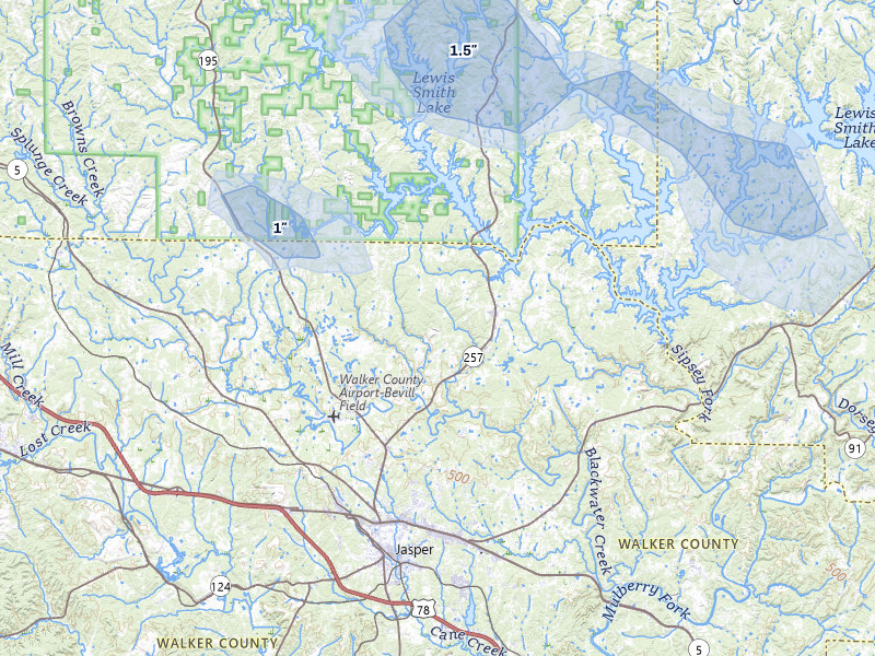 NEXRAD radar-signature map of the hail storm over Jasper, AL on Jul 3, 2026
