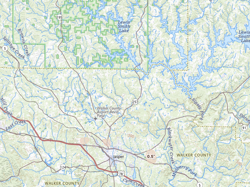 Radar-estimated hail-size map of the storm over Jasper, AL on Jul 9, 2026
