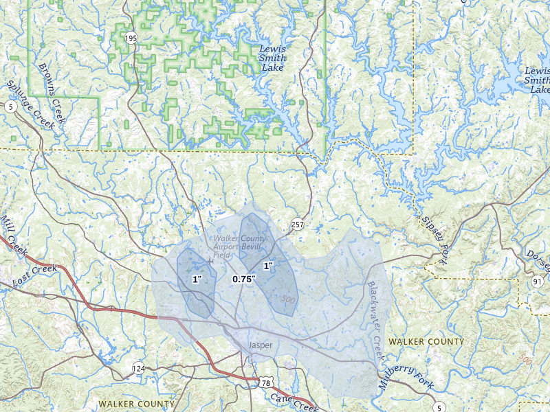 NEXRAD radar-signature map of the hail storm over Jasper, AL on Jul 9, 2026