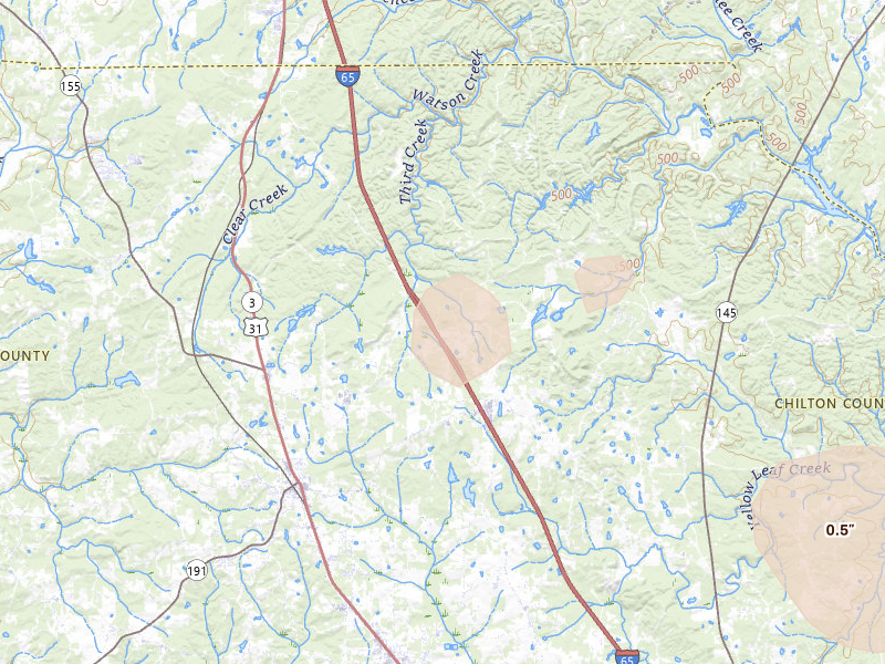 Radar-estimated hail-size map of the storm over Jemison, AL on Jul 1, 2026