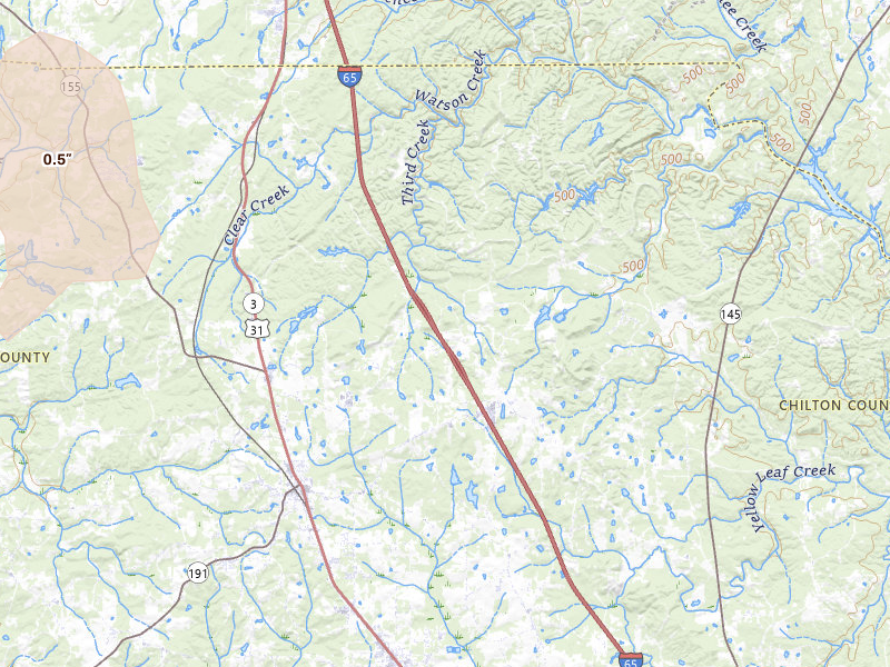 Radar-estimated hail-size map of the storm over Jemison, AL on Jul 6, 2026