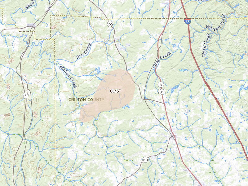 Radar-estimated hail-size map of the storm over Jemison, AL on Aug 8, 2026