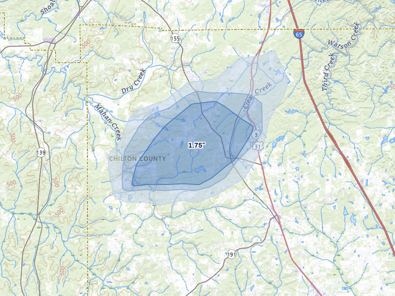 NEXRAD radar-signature map of the hail storm over Jemison, AL on Aug 8, 2026