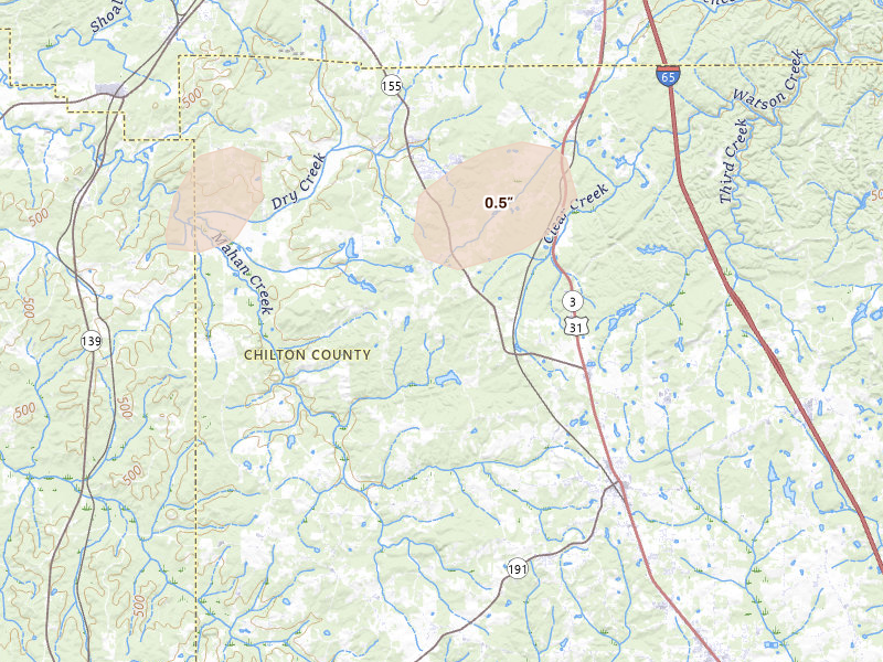 Radar-estimated hail-size map of the storm over Jemison, AL on Aug 20, 2026
