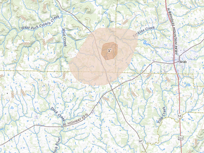 Radar-estimated hail-size map of the storm over Joppa, AL on Jul 1, 2026