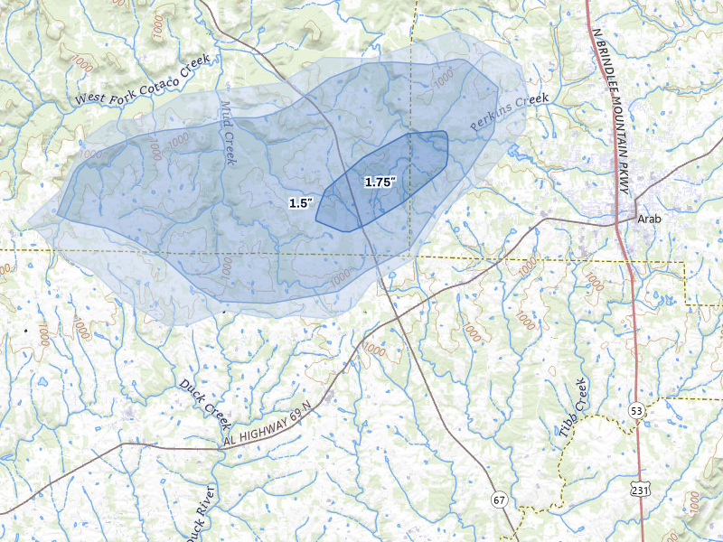NEXRAD radar-signature map of the hail storm over Joppa, AL on Jul 1, 2026