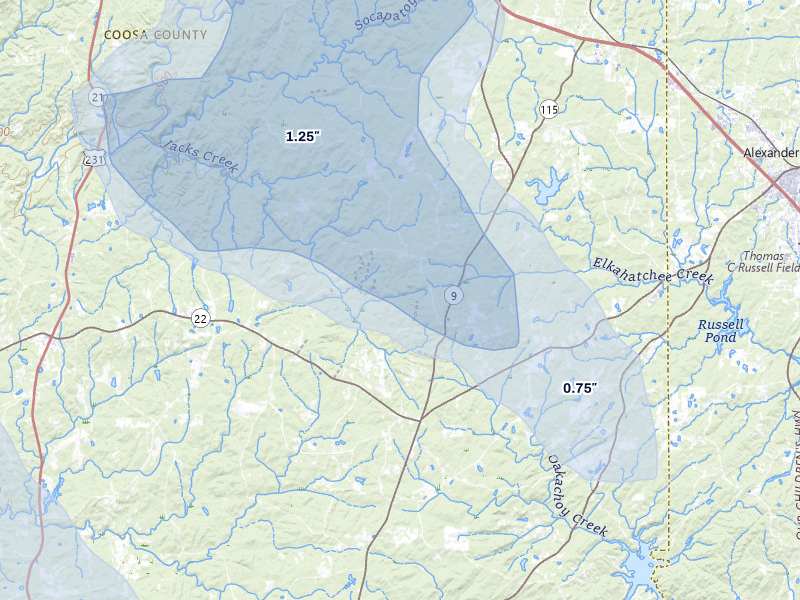 NEXRAD radar-signature map of the hail over Kellyton, AL