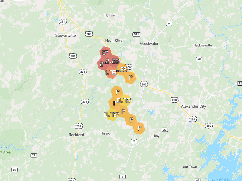 Hail map of Kellyton, AL on Jun 1, 2026, hail up to 2.25"