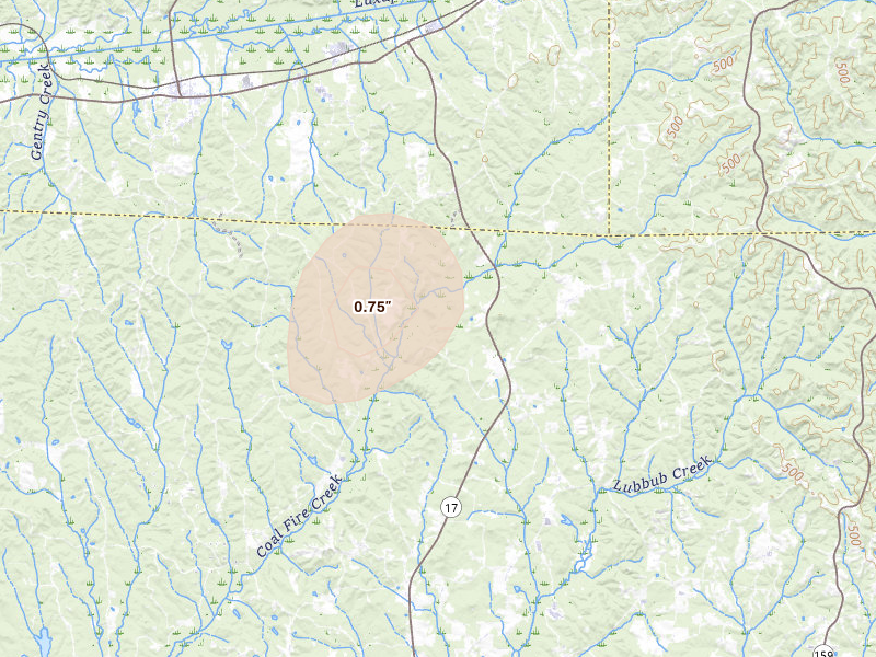 Radar-estimated hail-size map of the storm over Kennedy, AL on Jul 4, 2026