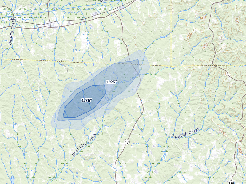 NEXRAD radar-signature map of the hail storm over Kennedy, AL on Jul 4, 2026