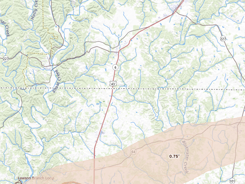 Radar-estimated hail-size map of the storm over Killen, AL on Feb 26, 2026
