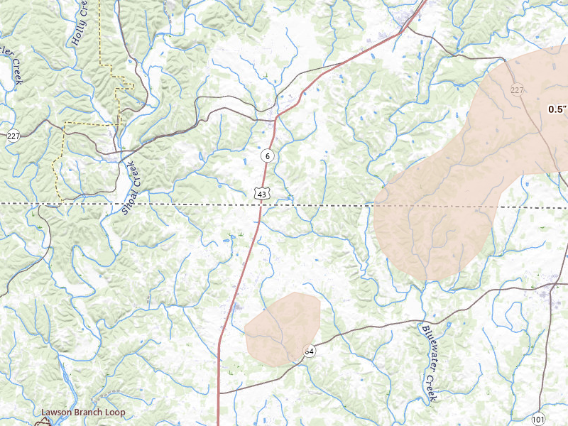 Radar-estimated hail-size map of the storm over Killen, AL on Mar 15, 2026