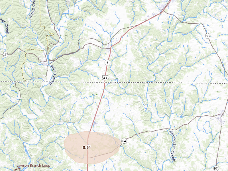 Radar-estimated hail-size map of the storm over Killen, AL on Jun 1, 2026