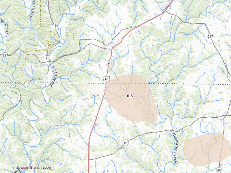 Radar-estimated hail-size map of the storm over Killen, AL on Jul 9, 2026