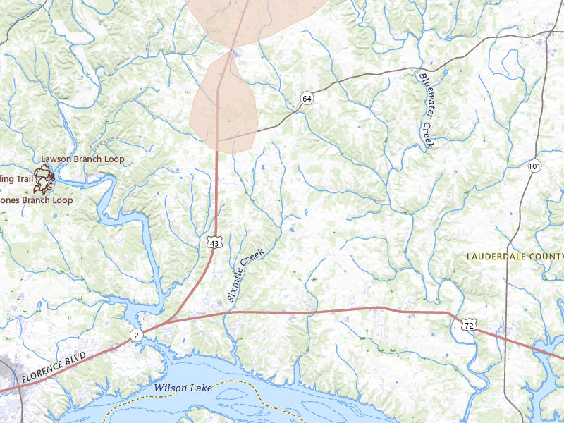 Radar-estimated hail-size map of the storm over Killen, AL on Jul 19, 2026