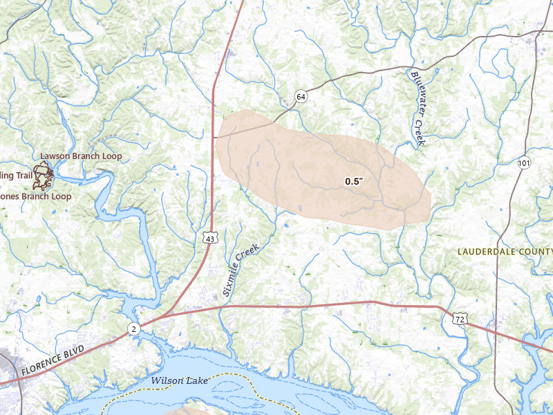 Radar-estimated hail-size map of the storm over Killen, AL on Aug 12, 2026