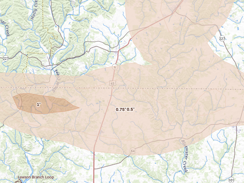 Radar-estimated hail-size map of the storm over Killen, AL on Aug 20, 2026