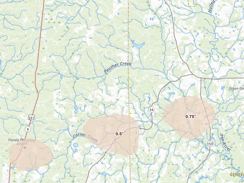 Radar-estimated hail-size map of the storm over Kinston, AL on May 7, 2026