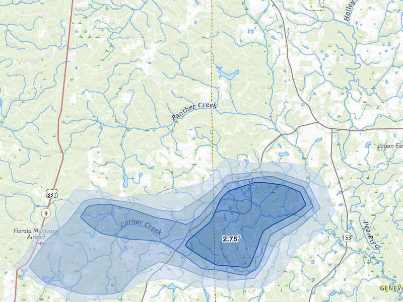 NEXRAD radar-signature map of the hail storm over Kinston, AL on May 7, 2026