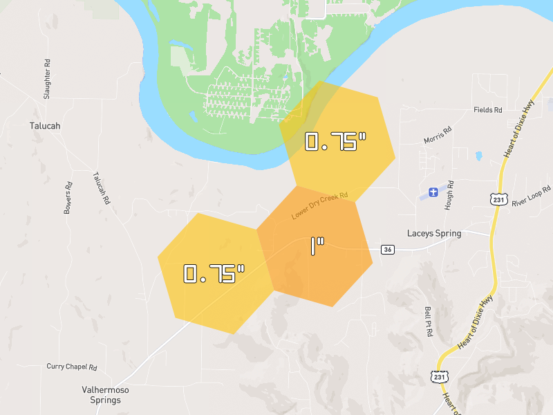 Hail map of Laceys Spring, AL on Jul 1, 2026, hail up to 1"