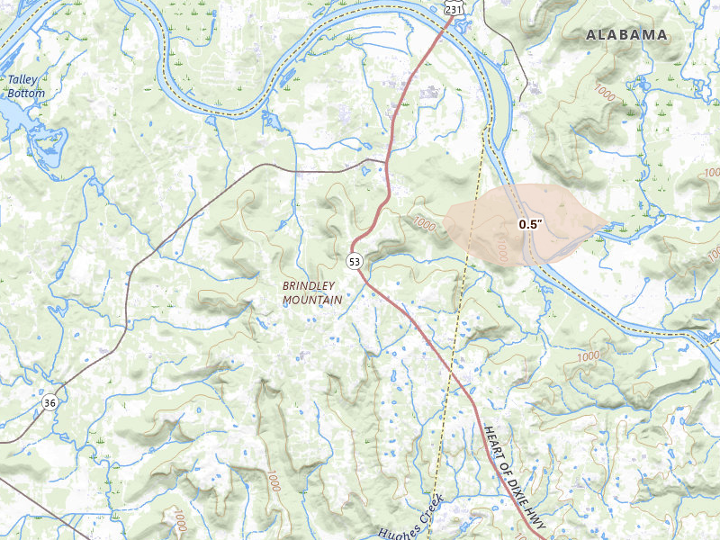 Radar-estimated hail-size map of the storm over Laceys Spring, AL on Jul 10, 2026