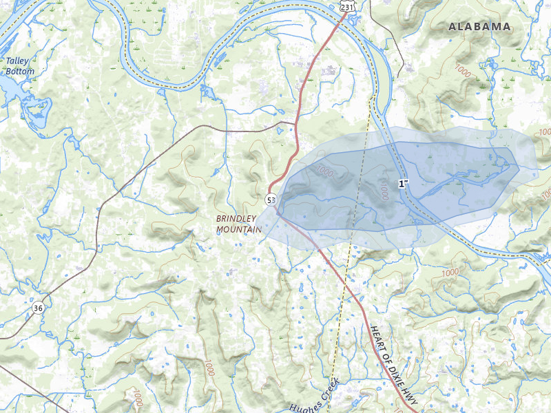 NEXRAD radar-signature map of the hail over Laceys Spring, AL