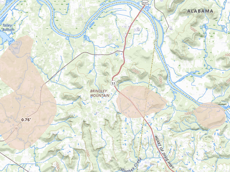 Radar-estimated hail-size map of the storm over Laceys Spring, AL on Aug 7, 2026