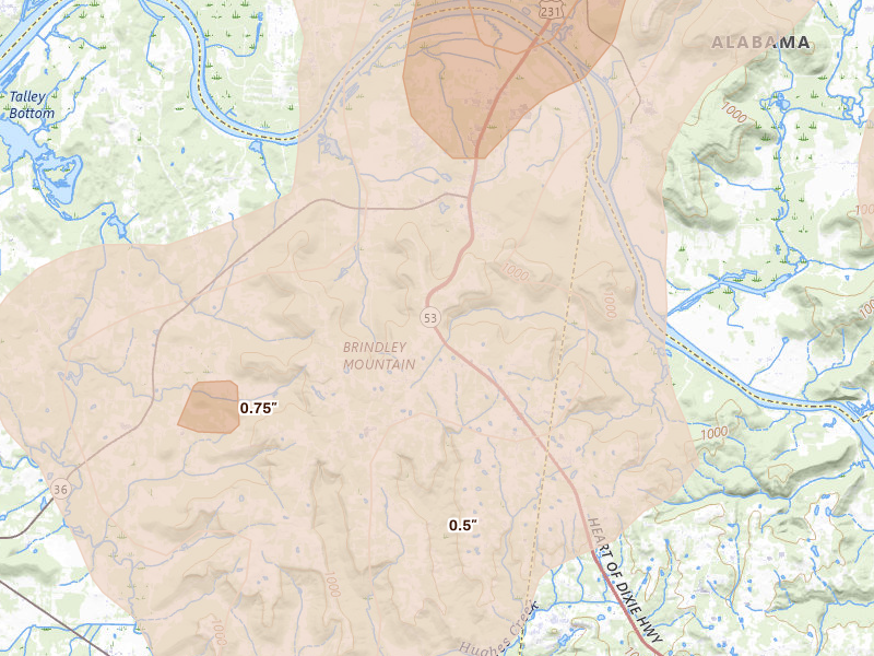 Radar-estimated hail-size map of the storm over Laceys Spring, AL on Aug 20, 2026