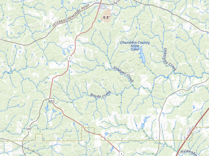 Radar-estimated hail-size map of the storm over Lafayette, AL on Apr 4, 2026