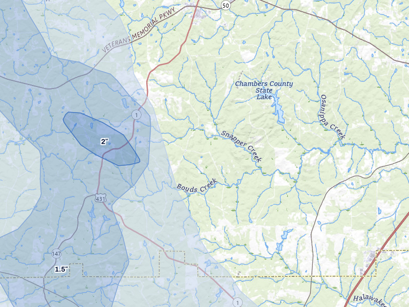 NEXRAD radar-signature map of the hail storm over Lafayette, AL on Jul 9, 2026