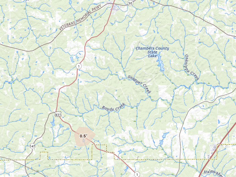 Radar-estimated hail-size map of the storm over Lafayette, AL on Jul 12, 2026