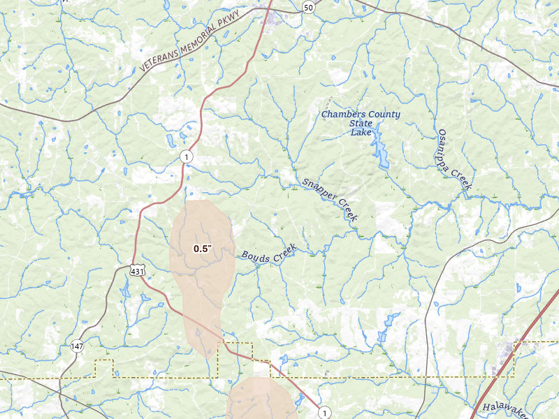 Radar-estimated hail-size map of the storm over Lafayette, AL on Jul 18, 2026