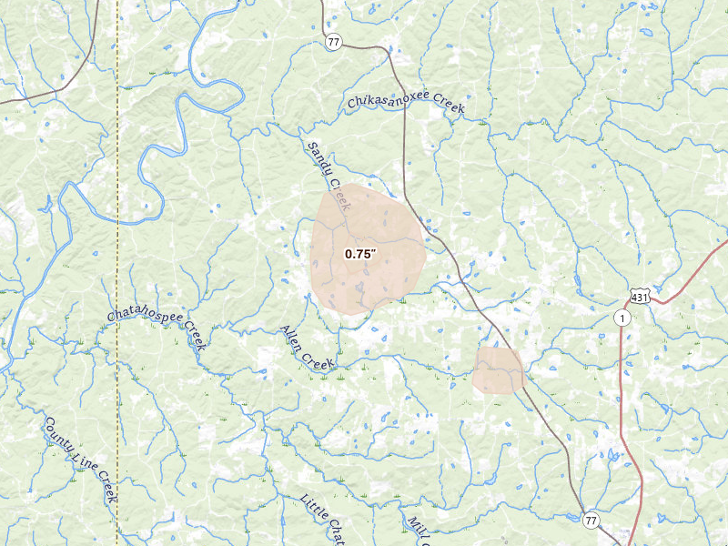 Radar-estimated hail-size map of the storm over Lafayette, AL on Aug 6, 2026