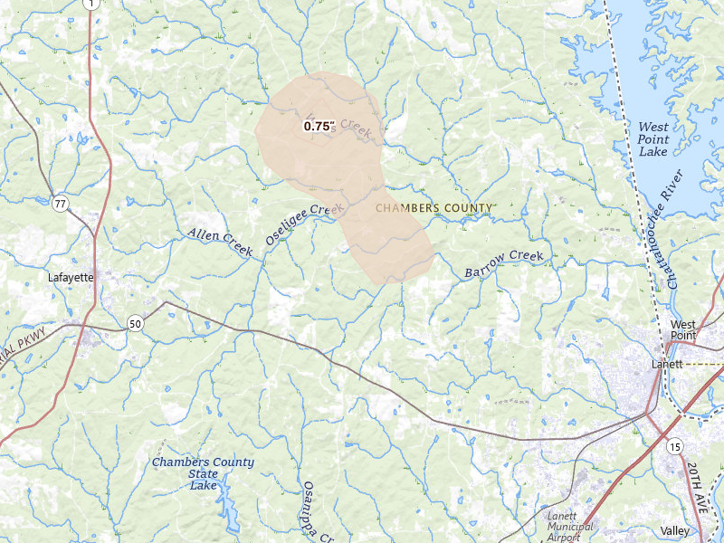 Radar-estimated hail-size map of the storm over Lanett, AL on Jun 9, 2026