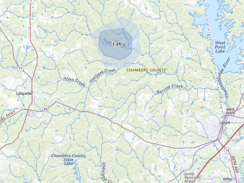NEXRAD radar-signature map of the hail storm over Lanett, AL on Jun 9, 2026