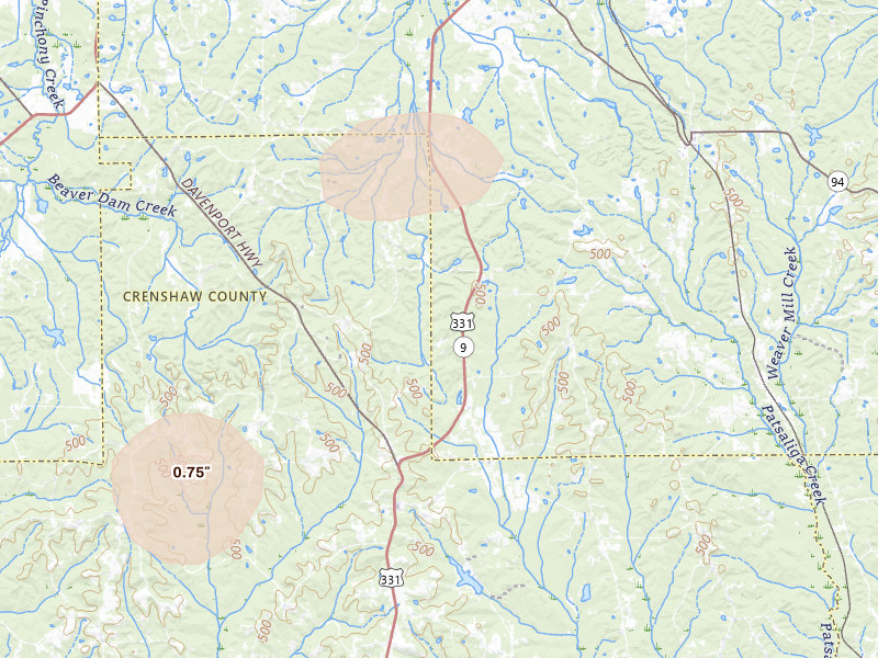 Radar-estimated hail-size map of the storm over Lapine, AL on Jul 10, 2026