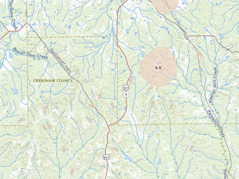 Radar-estimated hail-size map of the storm over Lapine, AL on Jul 18, 2026