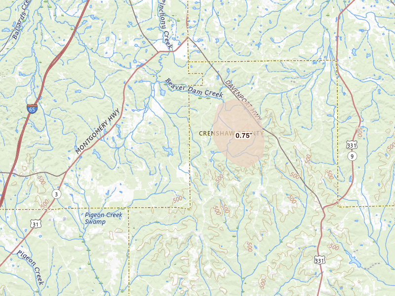 Radar-estimated hail-size map of the storm over Lapine, AL on Aug 18, 2026