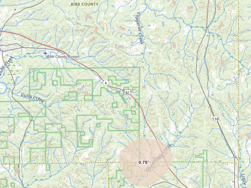 Radar-estimated hail-size map of the storm over Lawley, AL on Jul 6, 2026